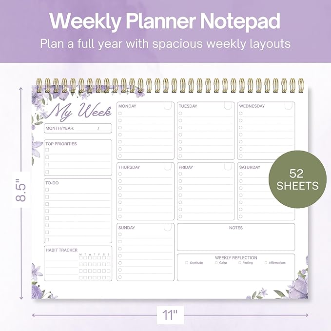 Weekly Planner Notepad 8.5x11 Inches – 52 Weeks Undated Dashboard Desk Pad for To-Do List, Schedule & Notes – Productivity Planner for Work, School, Home & Busy Professionals (Lavender Purple)