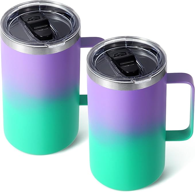 Volhoply 22oz Insulated Stainless Steel Coffee Mugs with Leakproof Lid Bulk 2 Pack,Double Wall Vacuum Travel Coffee Cup with Handle,Reusable Metal Tumbler,Camping Mug Keep Hot&Cold(Purple Green,2)