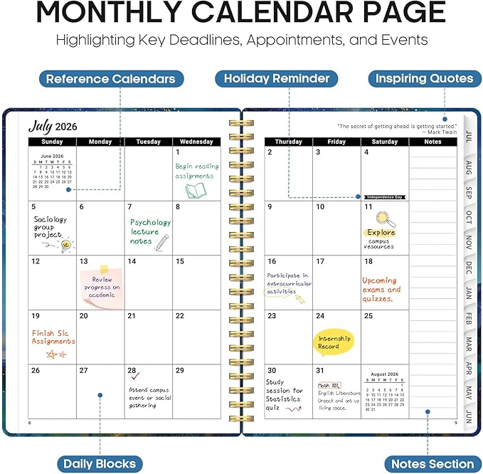 Planner 2026-2027, Academic Year Monthly and Weekly Calendar Planner, Jul 2026 - Jun 2027, Hardcover Teacher Student Planning Agenda book with Tabs, Perfect for School Office Supplies, 8.5" x 11" - Starlit Peaks
