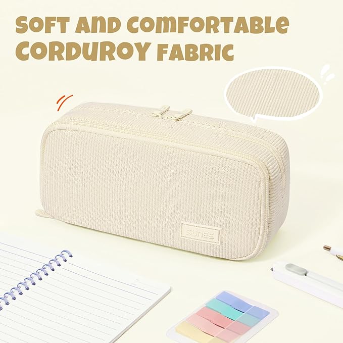 SUNEE Pencil Case, Large Capacity Pencil Pouch, Aesthetic Big Pen Bag, Soft Corduroy Fabric Pen Box for Office Stationery Organizer School Supplies Multifunctional for Teen Boys Girls Women Men, Cream
