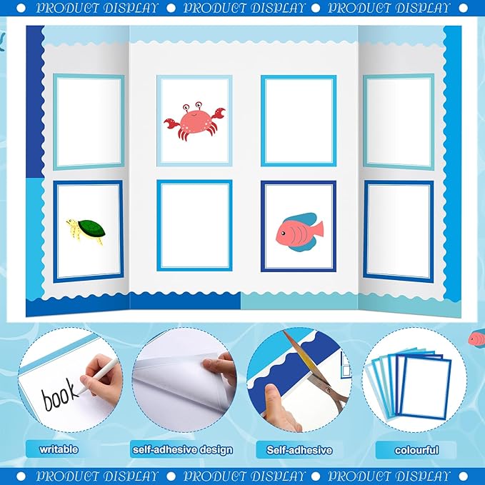90 Pcs Science Fair Board Supplies Include 72 Trim Scalloped Bulletin Borders 18 Presentation Board Subtitles for Classroom Office Display (Ocean)
