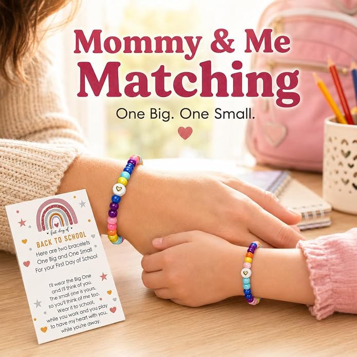 Back to School Bracelets Heart Matching Mommy and Me Elastic Wish Strings Bead Bracelets First Day of School Supplies Gifts