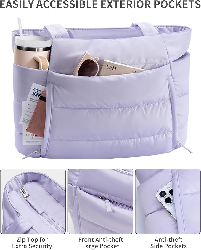 Bagstellar Puffer Tote Bag for Women, Lightweight Puffy Work Handbag Teacher Nurse Quilted Shoulder Bag for School Travel Gym | Cloud Bag w/ Zipper