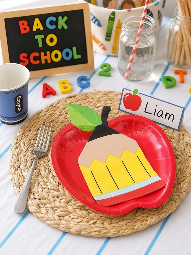 Alphatool Back to School Party Tableware Decoration Set Serves 24 Guests | 24 Set Paper Plates Pencil Napkins Cups, 2 Pcs Tablecloths and Banners for First Day of Preschool