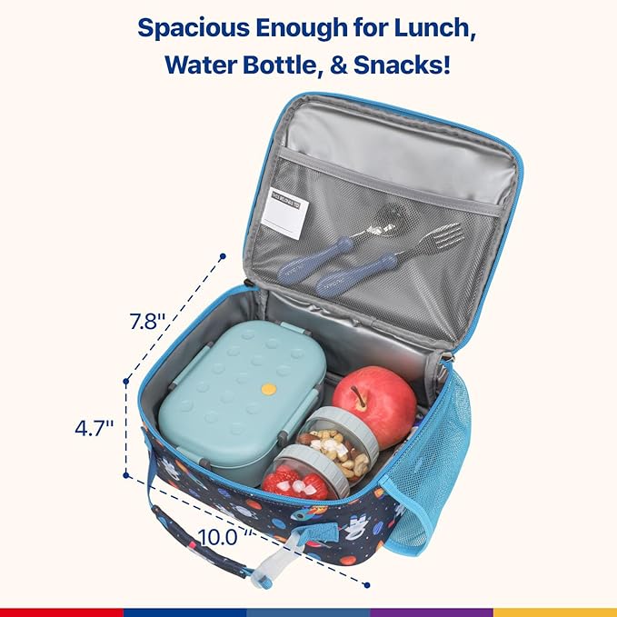 Bagseri Kids Lunch Bag Boys - Thermal Insulated Lunch Box Tote with Water Bottle Holder, Reusable Leak-Proof Kids Lunch Box for Daycare & School, Dark Blue Space Astronaut (Containers Not Included)