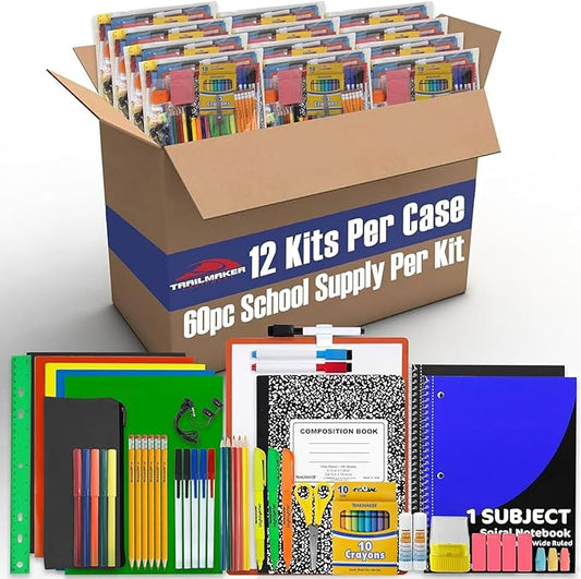 Trail maker Bulk Back to School Supplies 60 Piece Bundle Kits for Girls, Boys, Kids | Back to School Supply Box Set Includes Notebooks, Folders, Headphones, Ruler, Folders, More (12 Kits)