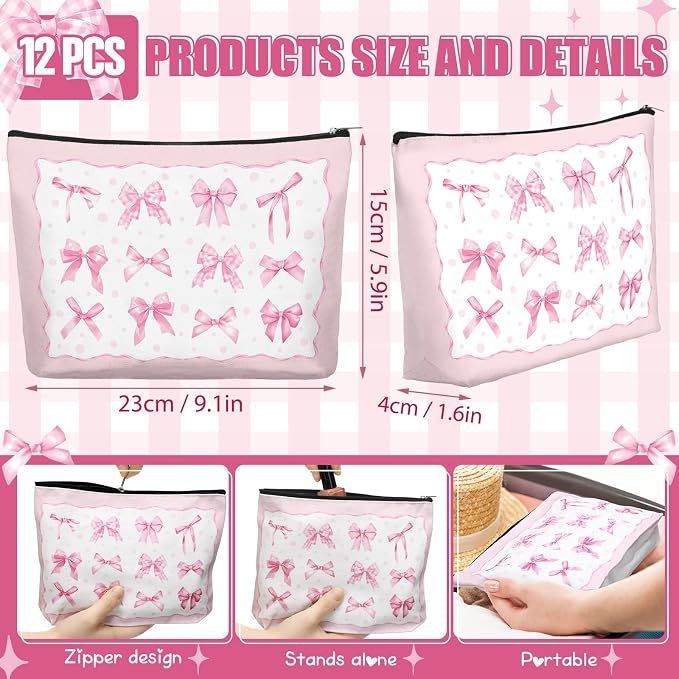 Reginary 12 Pcs Pink Bow Makeup Bags Coquette Bow Cosmetic Bags with Zippers Coquette Party Favors Pink Aesthetic Elegant Pouch Bulk Gifts for Women Mother's Day Birthday Supplies Travel Accessory