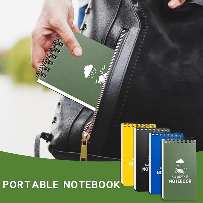 Waterproof Notebook, 4 Pack Pocket Notepad, 3" x 5" Top-Spiral Weatherproof NotePad, All Weather Police Pocket Notebook Mini Memo Steno Note Pads for Outdoor Office School Recording, Multicolor