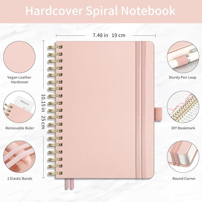 EMSHOI B5 College Ruled Spiral Notebook, Thick 300 Numbered Pages, 100GSM Ink-Proof PU Leather Hardcover Lay-Flat Lined Journal for Work Office School Writing, 7.48"x10.15", Rose Gold