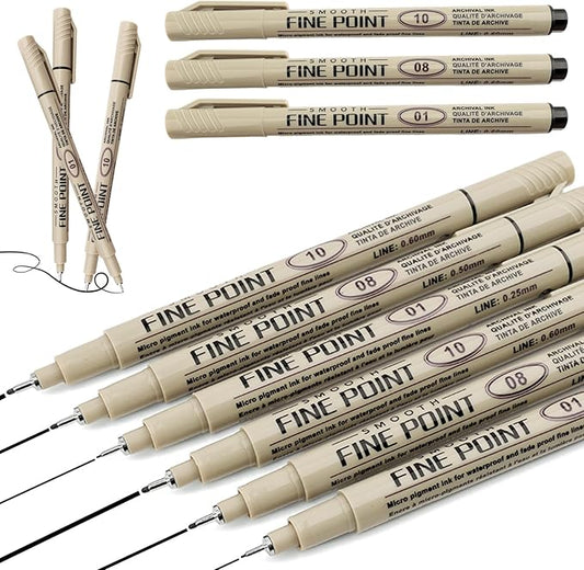 6 PCS Black Fineliner Pens - 0.25 0.5 0.6mm Ultra Fine Liner Pens - No Bleed Micro Pen Smooth Waterproof Gel Felt Ink Drawing Pens for Drawing, Sketching, Watercolor, Illustration, Manga