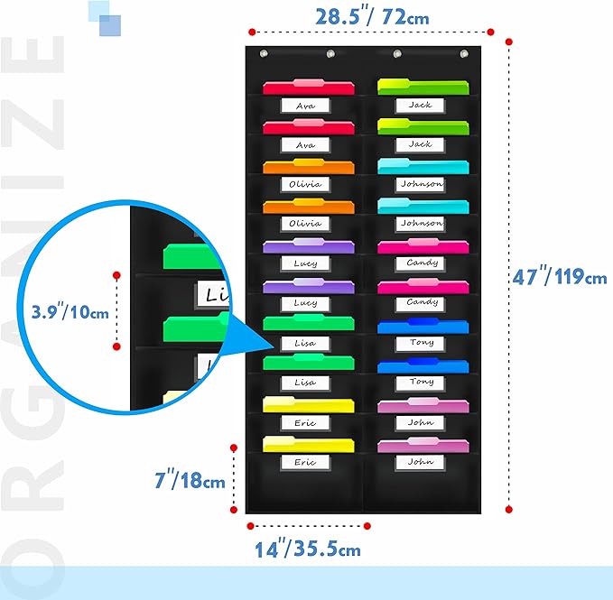 Vantasii Nylon Storage Pocket Chart with 20 Name Tag Pockets, Hanging Wall File Organizer, 4 Hooks and 20 Blank Cards, Organize Your Assignments, Files, Scrapbooks, Paper (28.5”x 47”) …