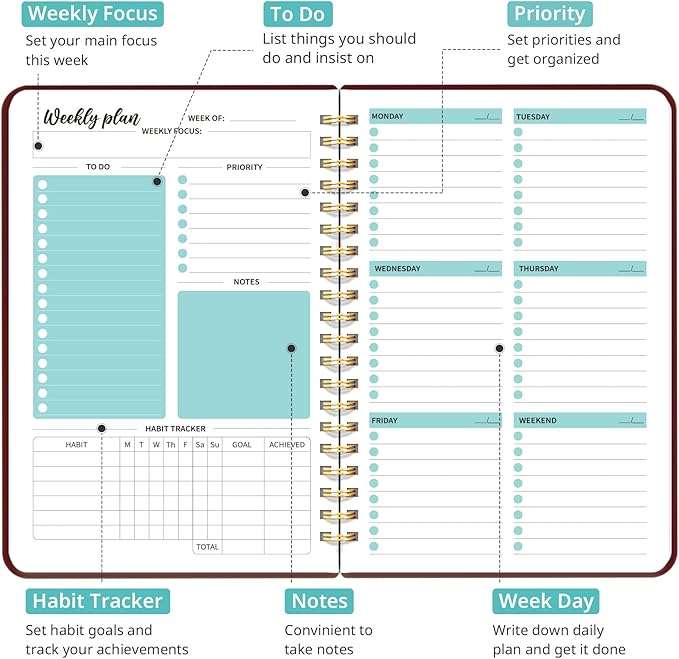 Taja Undated Weekly Planner, Weekly To Do List Notebook with Goal & Habit Tracker Organizer, A5 Weekly Planner Notebook with Spiral Binding, 6.1" x 8.2" - Burgundy