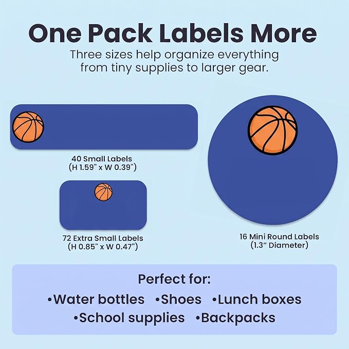 Label Daddy Personalized Name Labels for School, Basketball Design | Waterproof Name Tags for Kids, Washable Daycare Labels, Clothing, Lunch Boxes, Water Bottles and More, 128 Ct