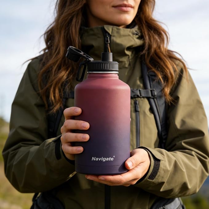 Navigate 64 oz Insulated Stainless Steel Sports Water Bottle with Spout & Handle Lids,Wide Mouth Water Jug with Double Walled Leak Proof Keep Cold for 24 Hrs Hot for 12 Hrs, Red to Black
