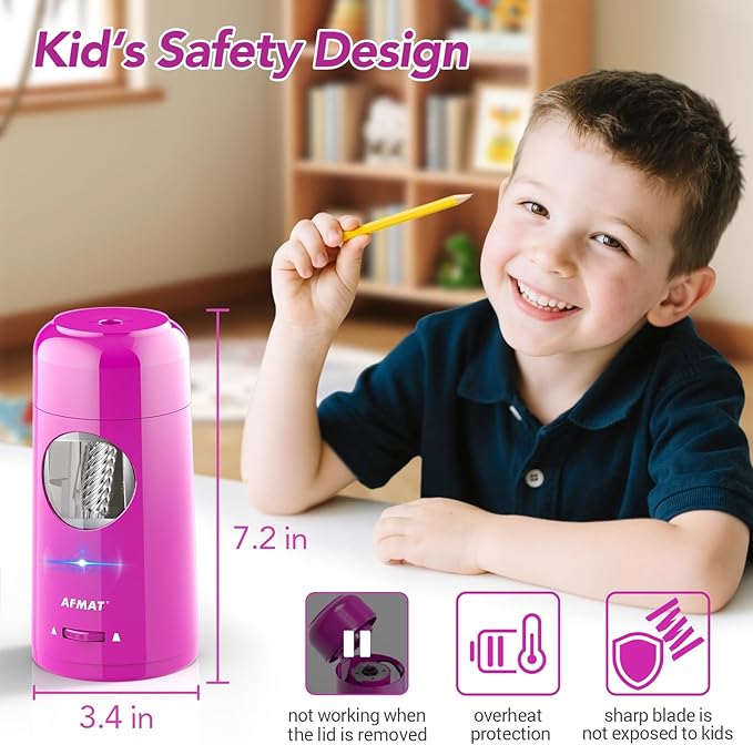 AFMAT Electric Pencil Sharpener, Rechargeable Fully Automatic Pencil Sharpener for Jumbo & Colored Pencils (7-11.5mm), Auto in/Out, Hands-Free, Portable for Home/Classroom/Office PSX6(Purple)