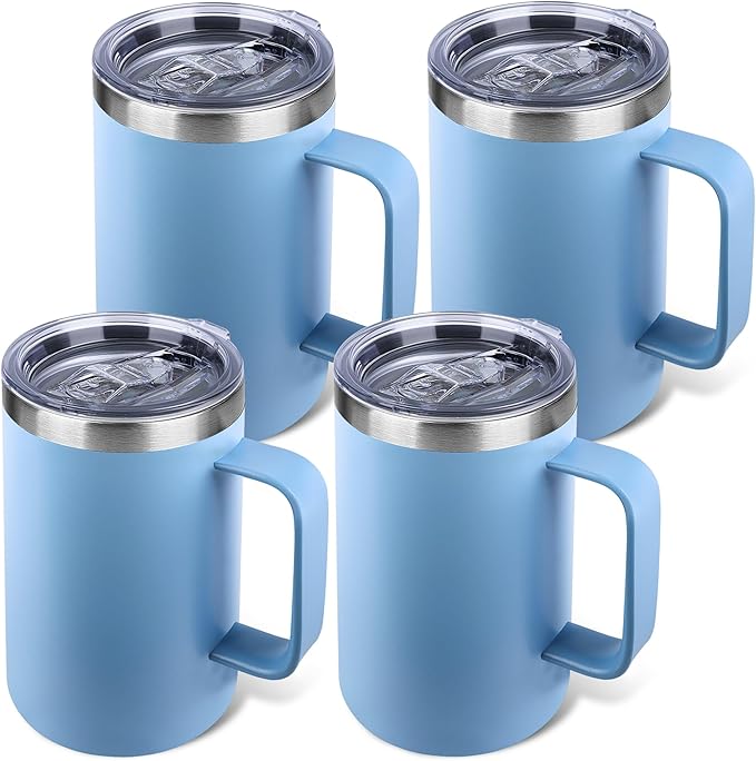 22oz Insulated Coffee Mug with Handle & Leak-Proof Lid - Double Wall Stainless Steel Travel Tumbler Bulk for Commute/Office/Home, Blue, 4 Pack