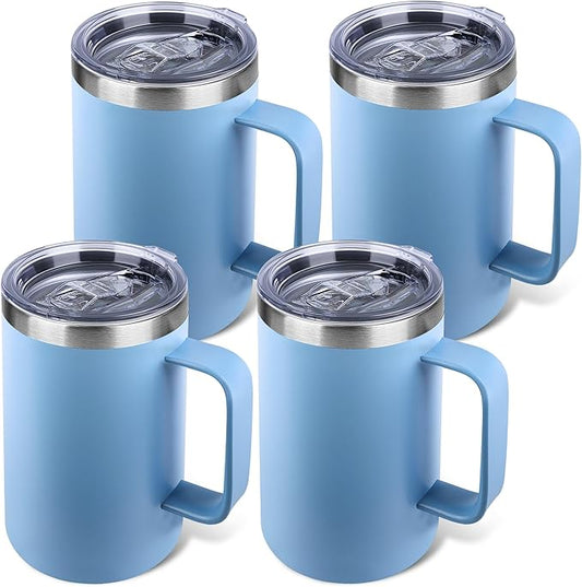 22oz Insulated Coffee Mug with Handle & Leak-Proof Lid - Double Wall Stainless Steel Travel Tumbler Bulk for Commute/Office/Home, Blue, 4 Pack