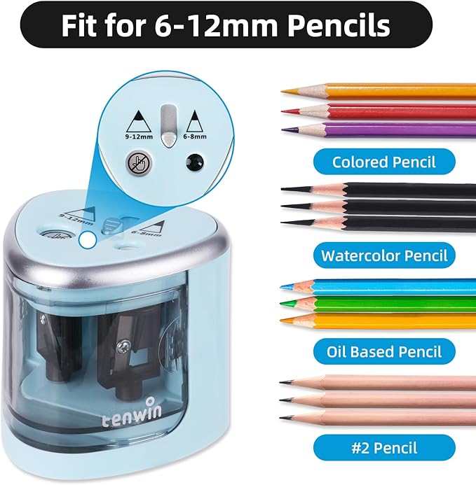 tenwin Electric Pencil Sharpener for Colored Pencils, Battery Operated Pencil Sharpeners for No.2 and 6-12mm Pencils, Dual Hole for Office School Artists Adults Kids Use（Blue）