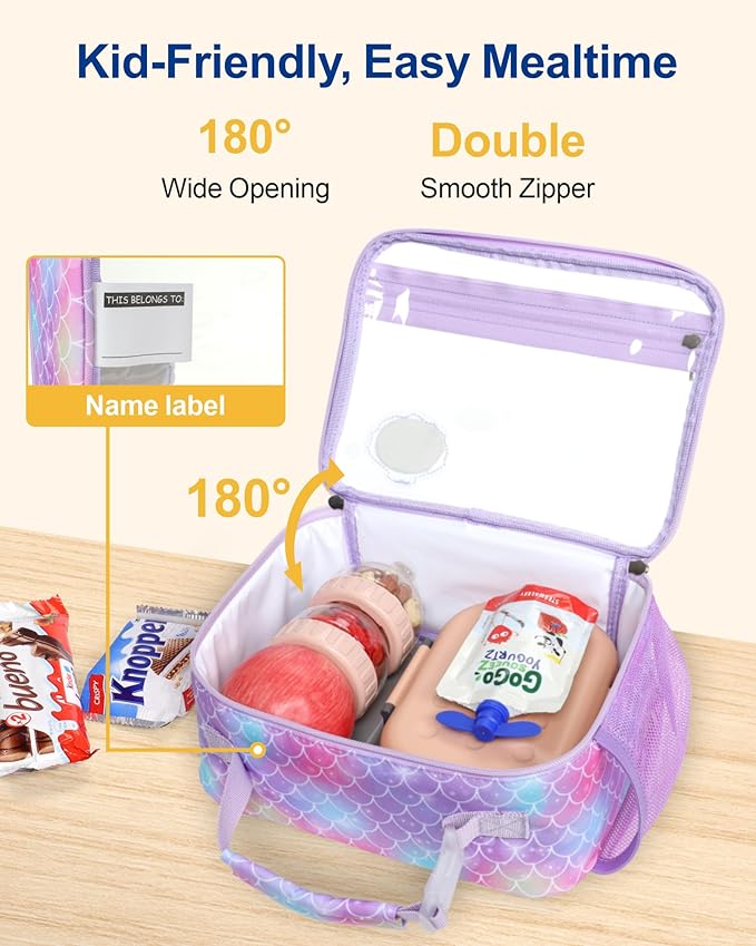 Bagseri Kids Clear Lunch Bag - Girls Lunch Box for School Reusable Snack Bag with Water Bottle Holder Stadium Approved Clear Bag, Purple Mermaid Shell
