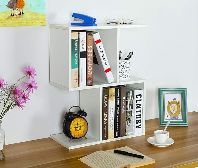 PAG Desktop Shelf Freestanding Wooden Small Bookshelf Desk Supplies Organizers and Accessories Storage Display Rack Office Dorm Decor for Women, White