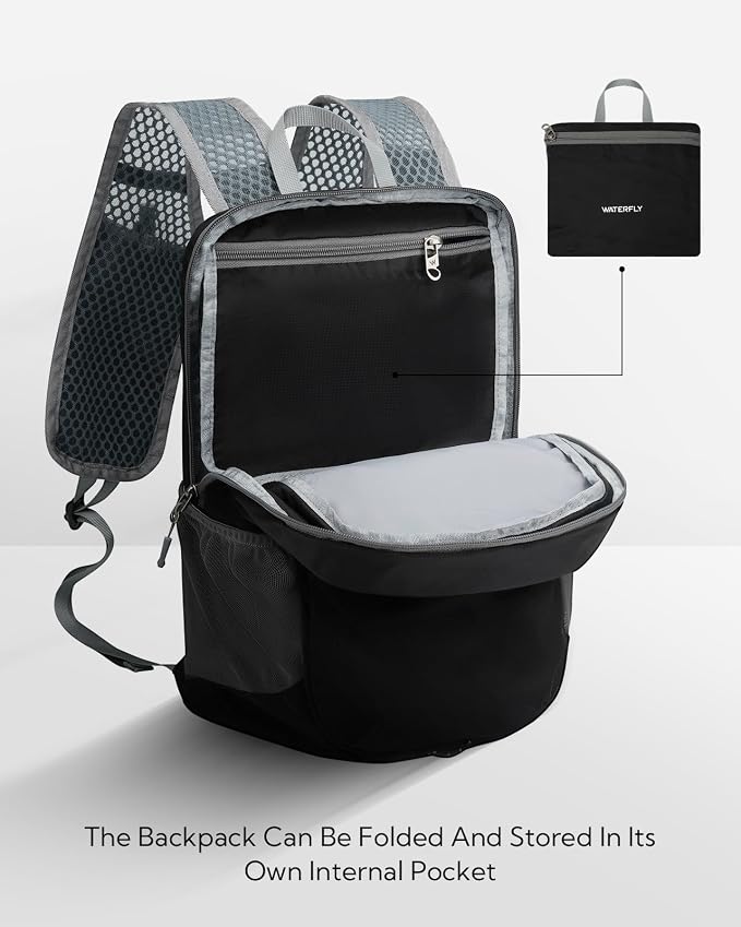 WATERFLY Small Packable Travel Backpack: 15L Lightweight Hiking Daypack | 0.59 lb,Water-Resistant Nylon,Breathable Straps,Reflective Strips,Phone Pocket,Multi-Pockets,Hiking,Cycling,Commute,Men Women