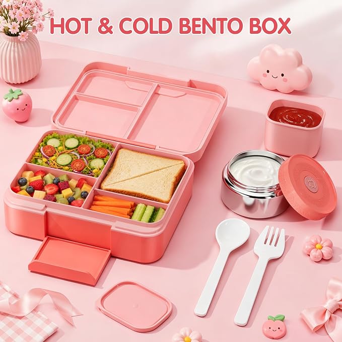 HOMETALL Lunch Box Bento Box for Kids with Food Thermo 8.5oz - Leakproof Lunch Box Kids with Lunch Bag Set for Girls Ages 3 to 14 Back to School,Reusable Snack Containers On-the-Go Meal Prep,Pink