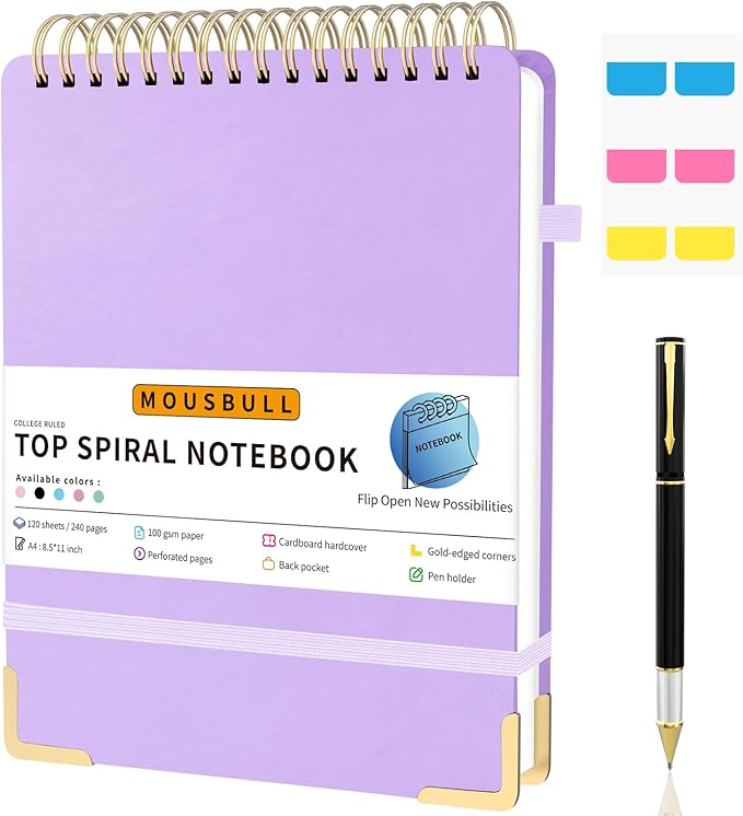 Top Spiral Notebook, A4 Hardcover Top Bound Steno Pads, 240 Pages 100gsm College Ruled Left Handed Notebook Journal for Work, School, Meeting Writing - Purple, 8.5" x 11"