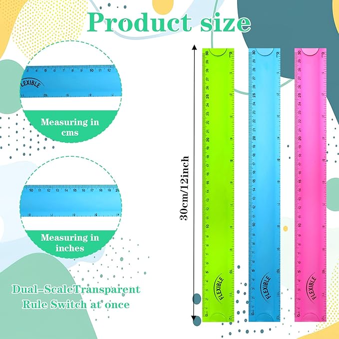 3Pcs Flexible Ruler, 12 Inch Clear Plastic Ruler Soft Bendable Rulers with Centimeters and Inches, for Kids and Adults School Classroom Office Supplies (Red, Green, Blue)