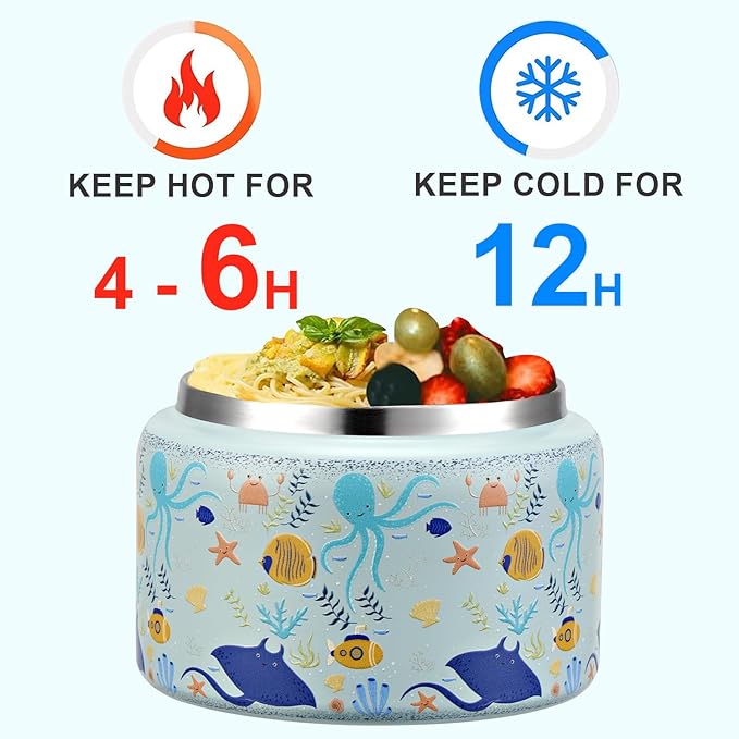 JXXM 8 Oz Thermo Food Jar for Hot & Cold Food for Kids, Insulated Lunch Containers Hot Food Jar,Leak-Proof Vacuum Stainless Steel Wide Mouth Lunch Soup Thermo for School (Blue-Octopus)