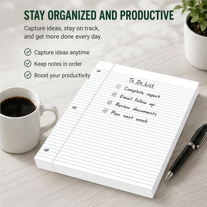 Loose Leaf Paper, 75 Sheets Notebook Lined Pads, 8 x 10.5 College Ruled Filler Paper, 3-Hole Punched Binder Paper for 3-Ring Binders, Double-Side Printed Note Pads for Home, Office, School, 1 Pack