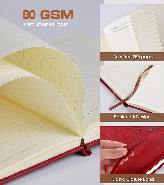 Lined Journal Notebook for Women Men,256 Thick Pages,A5 Hardcover Vintage Leather Journal for Writing,Travel,Business,Work, School,College Ruled Notebooks for Note Taking,Daily Diary 5.7"×8.3"