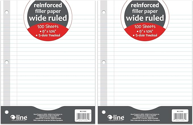 C-Line Reinforced Filler Paper, Wide Ruled, White, 100/PK (21032) (Pack of 2)