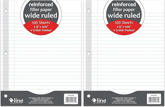 C-Line Reinforced Filler Paper, Wide Ruled, White, 100/PK (21032) (Pack of 2)