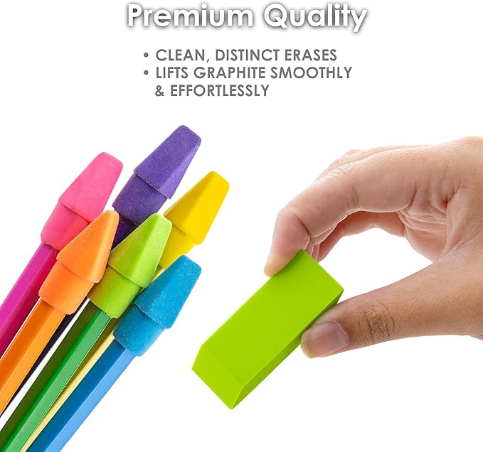BAZIC Products Erasers + Pencil Top Erasers Set (12/Pack), Block Bevel Erasers Neon Color, Arrowhead Caps Tops, Latex Free, for Art Drawing School, 2-Packs