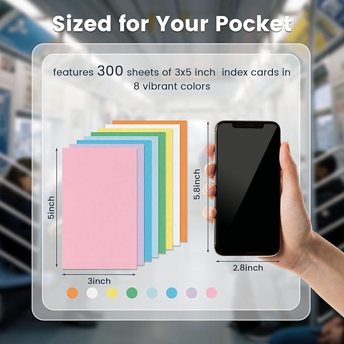 300PCS Colored Index Cards, 3x5 Inch Flash Cards Study Heavy Notecards for Studying School Office Learning Memo Scratch Pad, 8 Colors Notecards