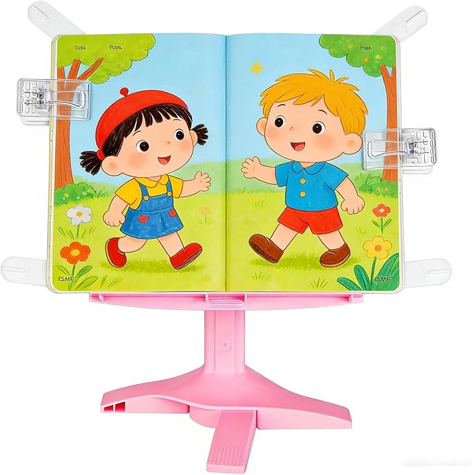 Book Stand for Desk, Kids Book Stand Adjustable Shelf Thick Base Foldable Riser Holder, Portable Desktop with Elastic Page Clips Gift for Children (Pink)