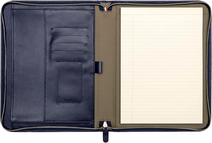Premium Maruse Leather Portfolio Padfolio - Executive Folio for Men and Women with Zipper, Folio Document Organizer, Laptop Sleeve, iPad Case and Folder - Made in Italy, Navy Blue