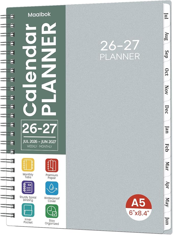 2026-2027 Planner/Calendar - Academic Planner 2026-2027, Planner Weekly and Monthly, July 2026 - June 2027, A5(6" x 8.4"),Grey, Planner Book with Tabs, Strong Twin-Wire Binding, Inner Pocket, Ideal for Office School Supplies, Enterprise