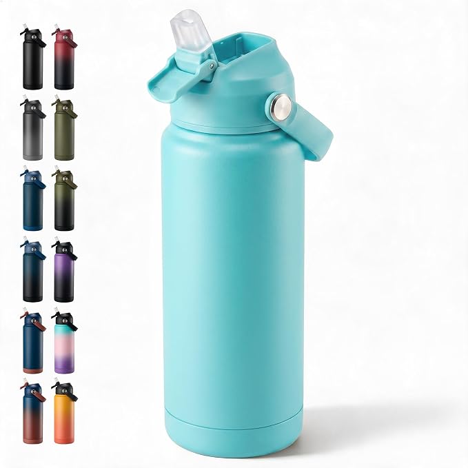 Fijinhom 24oz Insulated Stainless Steel Water Bottle, Wide Mouth Double Wall Vacuum, Silicone Straw, Sweat & Leak Proof, BPA Free Insulated Water Flask for Travel, Keep Cold 24h Hot 12h, Sky