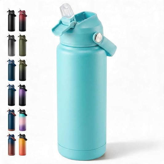Fijinhom 24oz Insulated Stainless Steel Water Bottle, Wide Mouth Double Wall Vacuum, Silicone Straw, Sweat & Leak Proof, BPA Free Insulated Water Flask for Travel, Keep Cold 24h Hot 12h, Sky