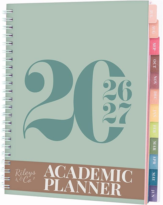 Rileys Academic Planner 2026-2027, Daily, Weekly & Monthly Planner, July 2026 - June 2027, Student Notes Pages, Twin-Wire Binding, Weekly Agenda for School & Work (8 x 6-Inches, Typographic, Green)