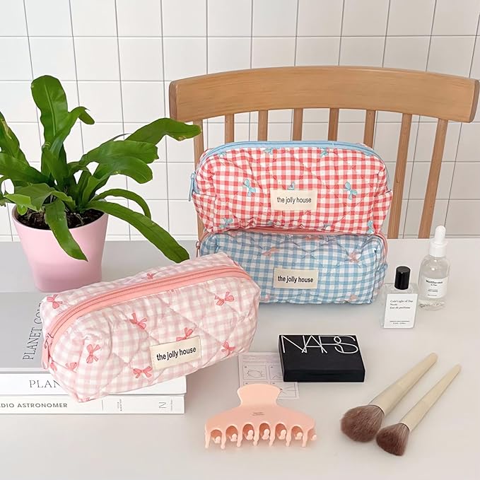 Carry bloom Pencil Pouch Cute Pencil Case for Girls Aesthetic Pencil Bag with Zipper Pen Cases School Supplies Makeup Bag (Checkered bow blue)
