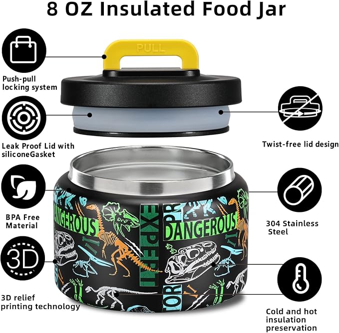 JXXM 8 Oz Thermo Food Jar for Hot & Cold Food for Kids, Insulated Lunch Containers Hot Food Jar,Leak-Proof Vacuum Stainless Steel Wide Mouth Lunch Soup Thermo for School (Black-Dinosaur Fossils)