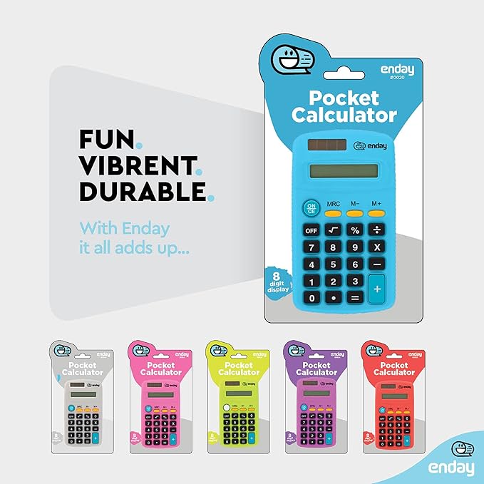 Calculator Blue, Basic Small Solar and Battery Operated, Large Display Four Function, Auto Powered Handheld Calculator School and Kids Available in Green, Red, Purple, Grey, Pink, 1 PK – by Enday