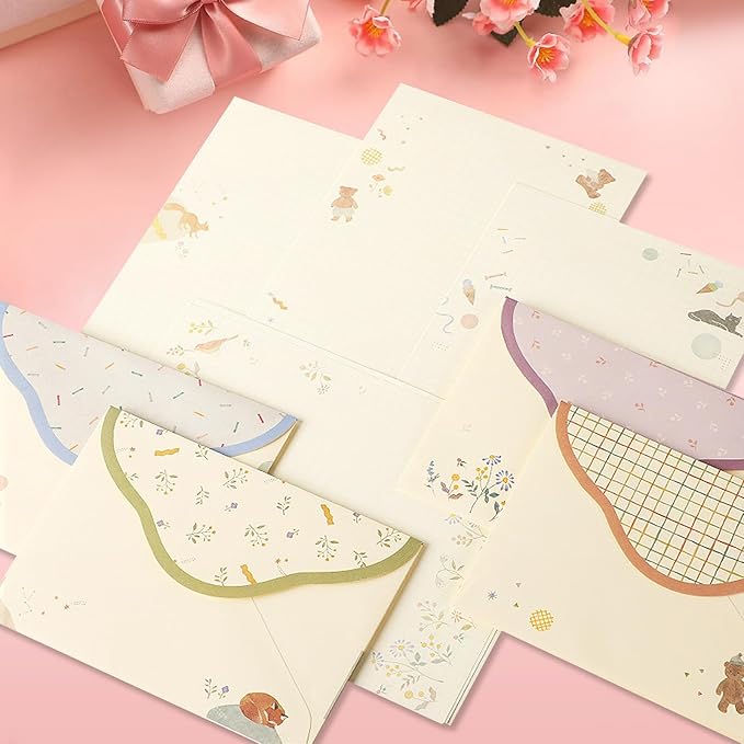 37 Pcs Stationery Paper Envelopes Set Includes 24 Lined Writing Paper & 12 Envelopes with 48 Round Stickers, Cute Bear Flower Cat Letter Writing and Stationery Paper Envelopes(4Style)