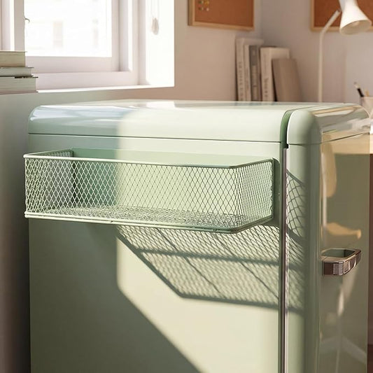 FoldTier 1 Pack Sage Green Magnetic Basket Fridge Organizer, Magnetic Shelf Containers Storage Bin Holder for Kitchen Dorm Locker Refrigerator Classroom Whiteboard Office Table (13.8 x 3.1 x 4.9 Inch)