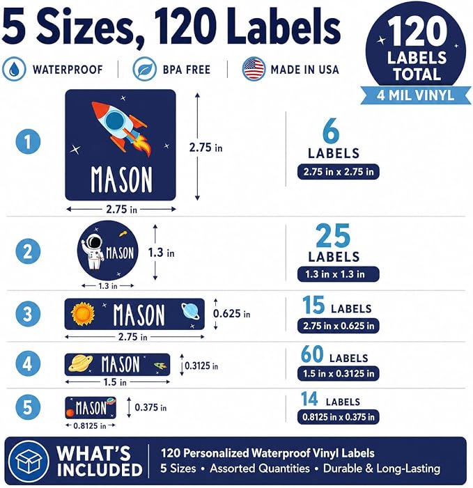 Andaz Press Custom Personalized Waterproof School Name Labels, Outer Space 120-Pack, Kids Labels Combo Pack Customizable Name Stickers Personalized School Supplies Camp Label Daycare Stickers