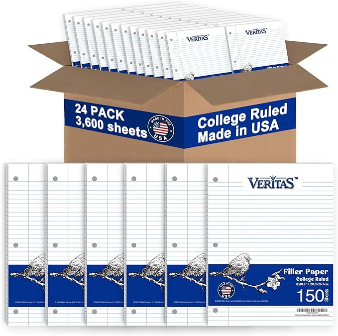 Loose Leaf Paper College Ruled, 8" x 10.5" Binder Filler Paper, 3 Hole Punched Notebook Paper, 3600 Sheets Total 24 Pack 150 Sheets/Pack, Bulk School & Office Supplies, Made in USA