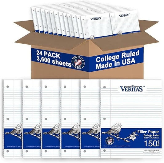 Loose Leaf Paper College Ruled, 8" x 10.5" Binder Filler Paper, 3 Hole Punched Notebook Paper, 3600 Sheets Total 24 Pack 150 Sheets/Pack, Bulk School & Office Supplies, Made in USA