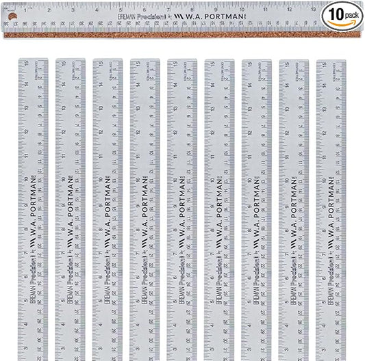 Breman Precision Metal Ruler 15 Inch Cork Back – 10 Pk Stainless Steel Straight Edge, Flexible Non-Slip Metal Ruler with Cork Backing – Imperial & Metric for Crafting, School, Workshop & Home Use